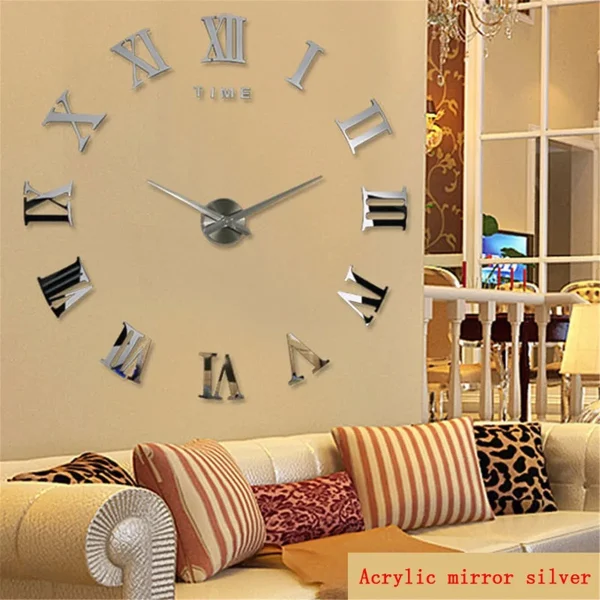 Stylish 2D/3D Large Roman Numeral Acrylic Mirror Wall Clock - DIY Home Decor for Living Room - Image 2