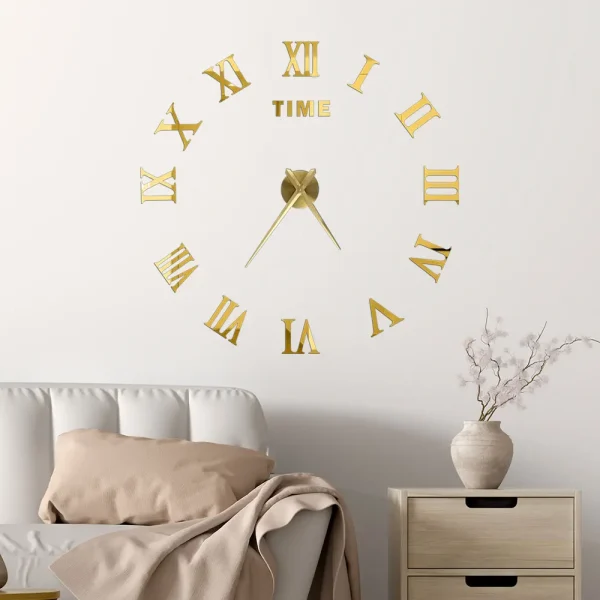 Stylish 2D/3D Large Roman Numeral Acrylic Mirror Wall Clock - DIY Home Decor for Living Room - Image 3