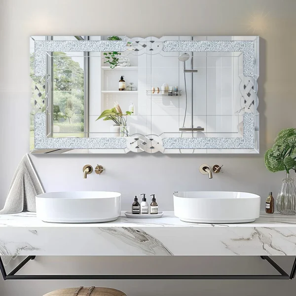 Glamorous Rectangular Crushed Diamond Wall Mirror with Crystal Frame - Image 3