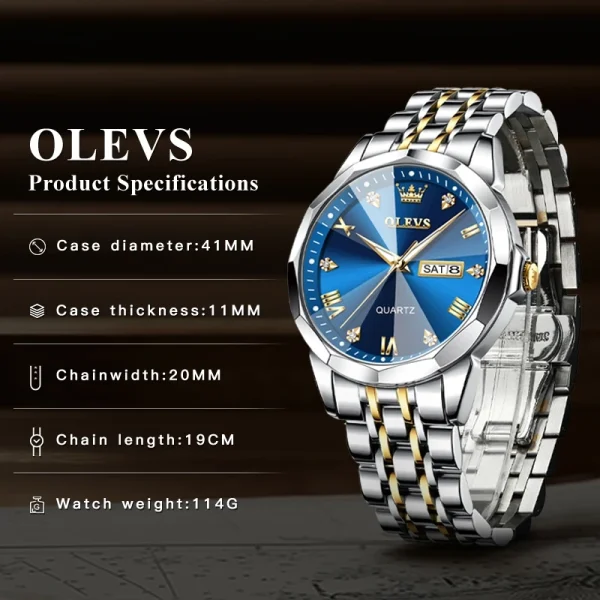  Men's Waterproof Quartz Watch Luminous Stainless Steel Date Week - Image 3