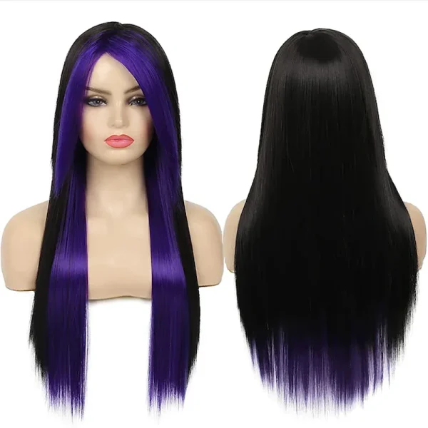 Long Red Black Straight Synthetic Wig with Side Bangs for Halloween - Image 5