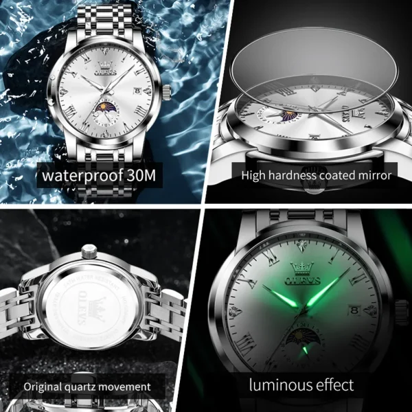  Men's Waterproof Quartz Watch with Moon Phase and Luminous Dial - Image 5
