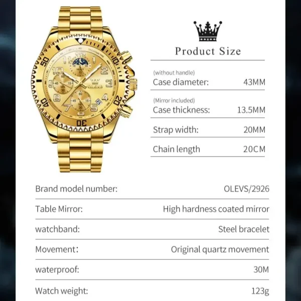  2926 Men's Luxury Gold Waterproof Chronograph Moon Phase Watch - Image 5