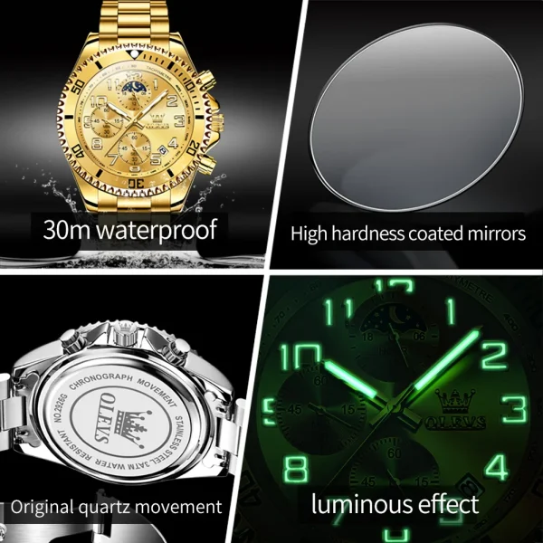 2926 Men's Luxury Gold Waterproof Chronograph Moon Phase Watch - Image 4