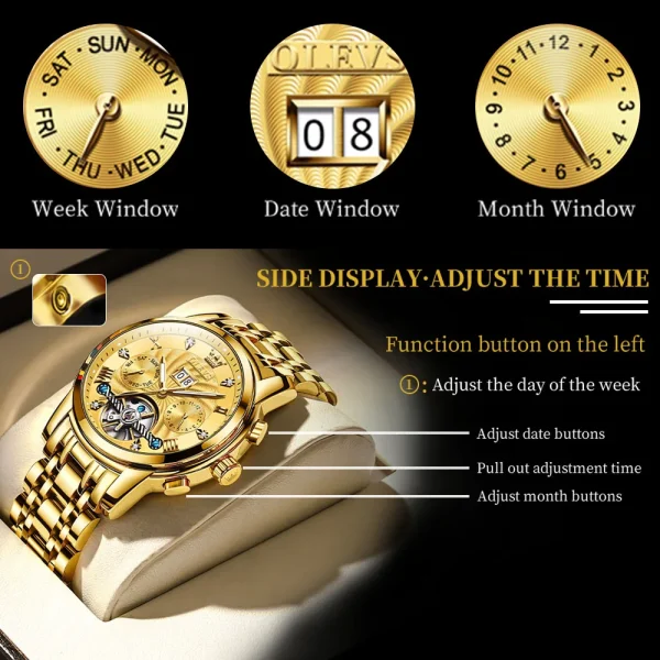  Men's Automatic Skeleton Watch Waterproof Stainless Steel Strap - Image 5