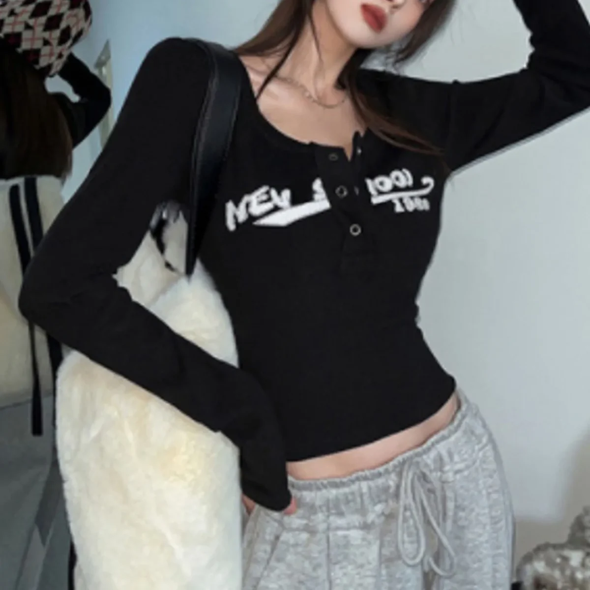 kf S774355ad7aa74184b14e3dc60dca5e2eU Trendy Y2K Women's Long Sleeve Slim Fit Letter Print T-Shirt in Beige and Black