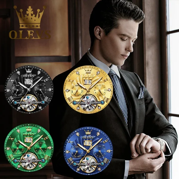  Men's Automatic Skeleton Watch Waterproof Stainless Steel Strap - Image 2