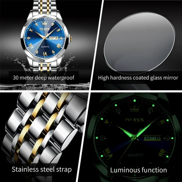 Men's Waterproof Quartz Watch Luminous Stainless Steel Date Week - Image 5