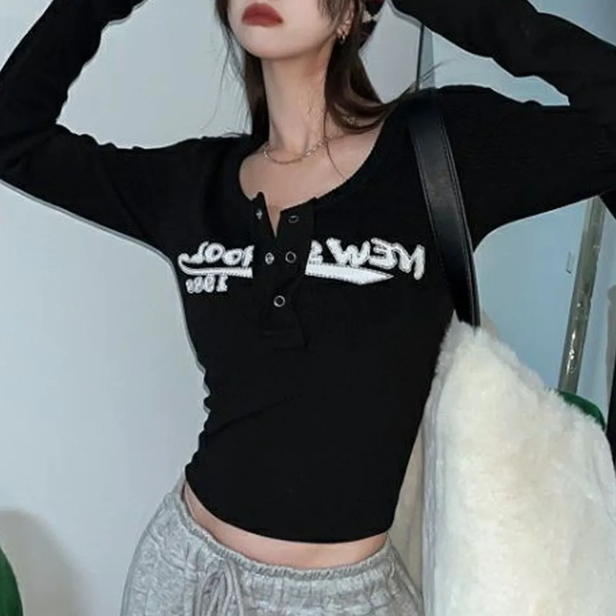 kf S92a04d01509544649e9ad40ef04c11b5Y Trendy Y2K Women's Long Sleeve Slim Fit Letter Print T-Shirt in Beige and Black