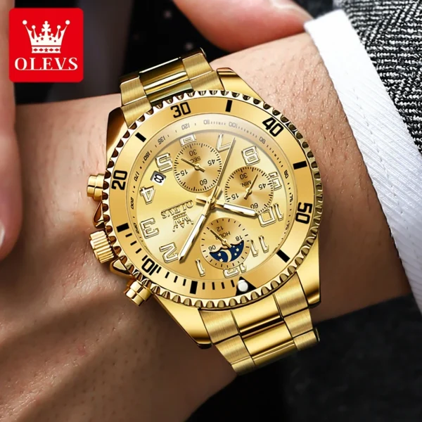  2926 Men's Luxury Gold Waterproof Chronograph Moon Phase Watch - Image 3