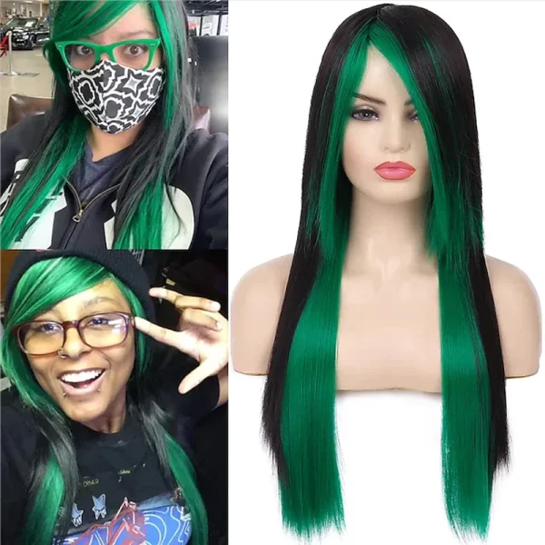 Long Red Black Straight Synthetic Wig with Side Bangs for Halloween - Image 4
