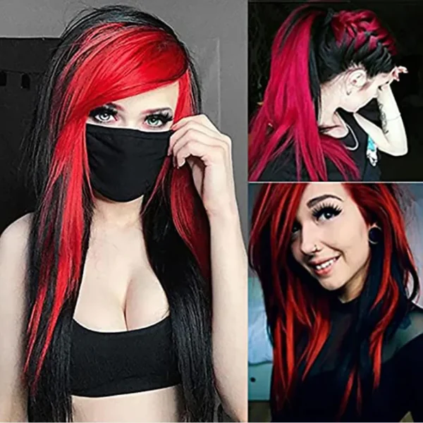 Long Red Black Straight Synthetic Wig with Side Bangs for Halloween - Image 2