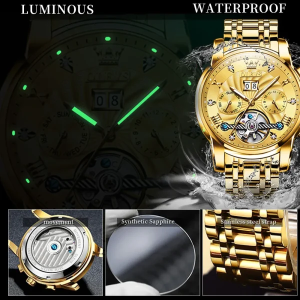  Men's Automatic Skeleton Watch Waterproof Stainless Steel Strap - Image 6