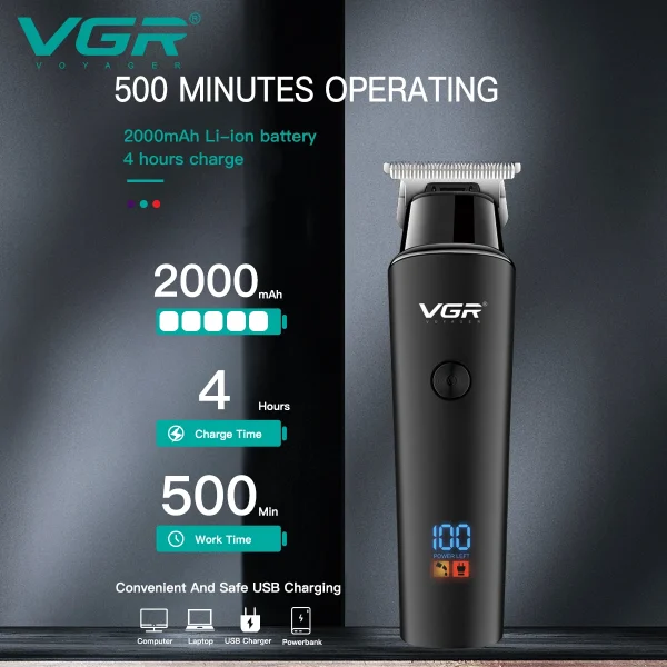 VGR V937 Professional Cordless Hair Trimmer with LED Display Rechargeable - Image 4