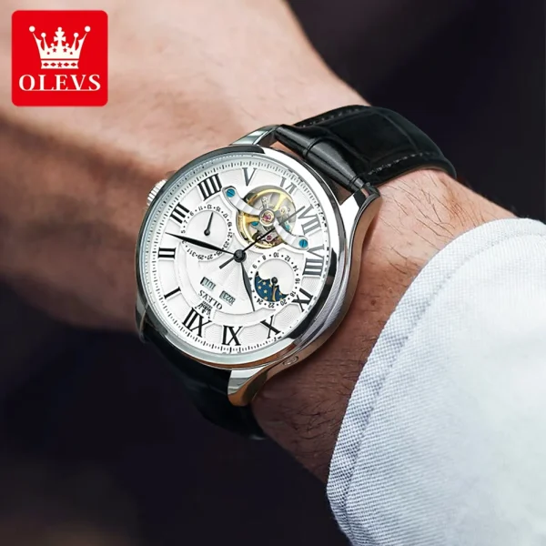 7013 Moon Phase Mechanical Watch for Men Waterproof Leather Steel - Image 4