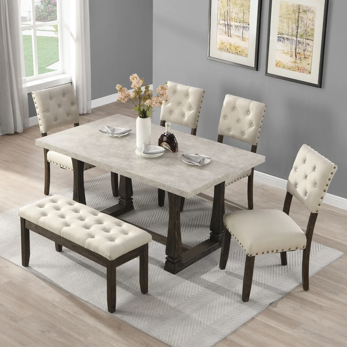 kf Sdc523d8b5e3244bfbb8da12180b4c67cV scaled Button Tufted Upholstered Ding Bench, Entryway Shoe Bench, 60 inch Dining Table Set for 6 Chairs, Classic Farmhouse Rectangle