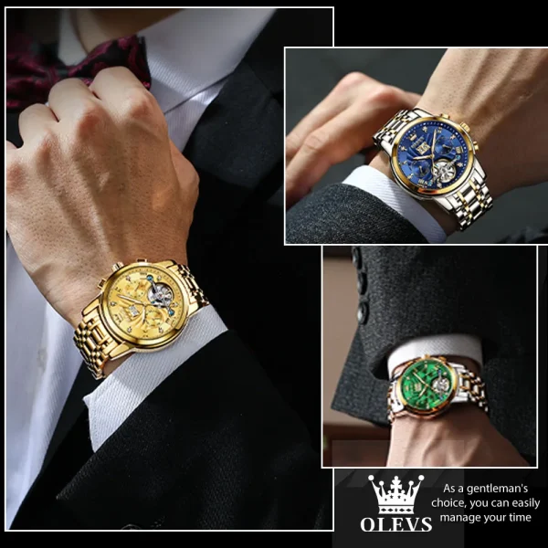  Men's Automatic Skeleton Watch Waterproof Stainless Steel Strap - Image 3