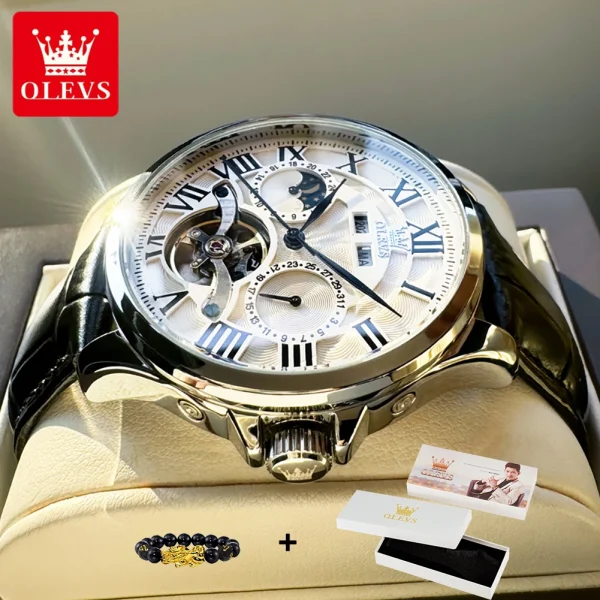  7013 Moon Phase Mechanical Watch for Men Waterproof Leather Steel - Image 2